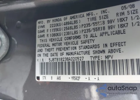 2008 Acura Rdx z USA, uszkodzony, nr VIN 5J8TB18238A020527